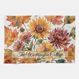 Autumn Sunflower and Maple Leaf Watercolor Bouquet Kitchen Towel