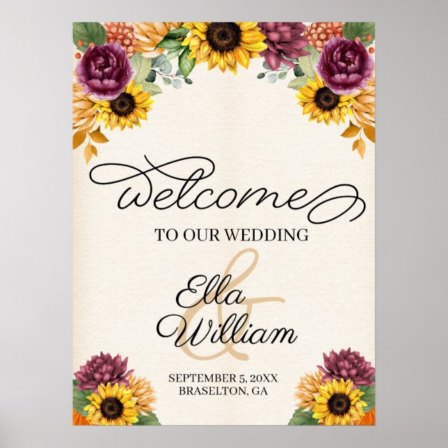 Autumn Sunflower Floral Mariage Affiche de bienven (Devant)