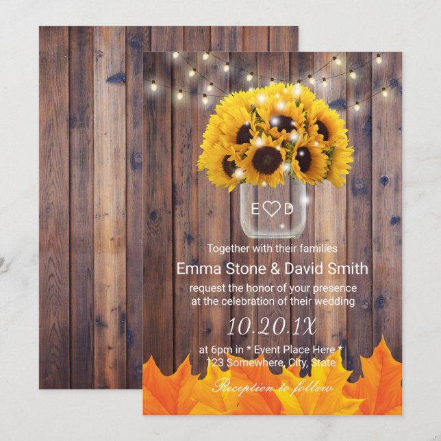 Autumn Sunflower Jar String Lights Rustic Wedding Invitation (Front/Back)