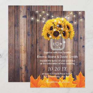 Autumn Sunflower Jar String Lights Rustic Wedding Invitation
