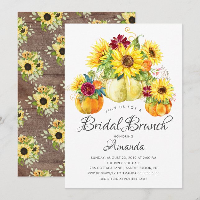 Autumn Sunflower Pumpkin Bridal Shower Brunch Invitation (Front/Back)