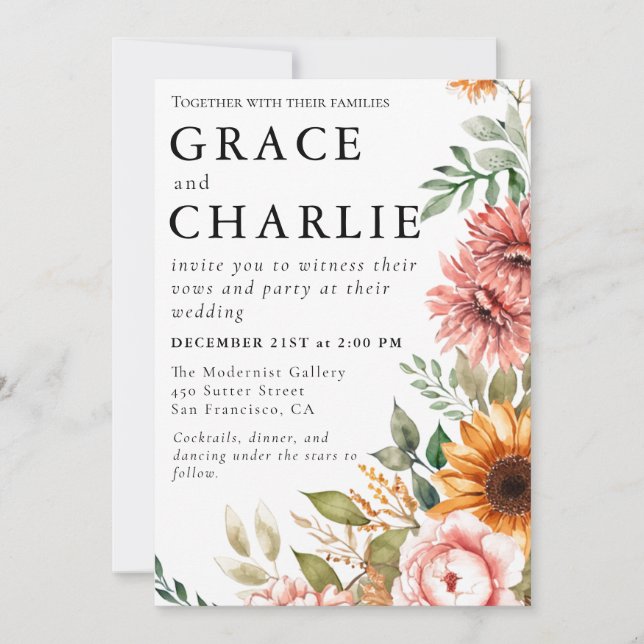 Autumn Sunflower Watercolor Wedding Invitation  (Front)