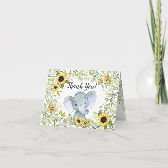 Autumn Sunflowers Elephant Boys Baby Shower Thank You Card (Front)