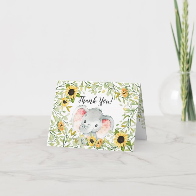 Autumn Sunflowers Elephant Girls Baby Shower Thank You Card (Front)