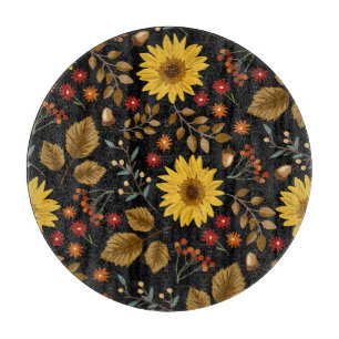 Autumn Sunflowers: Maple Black Background Cutting Board