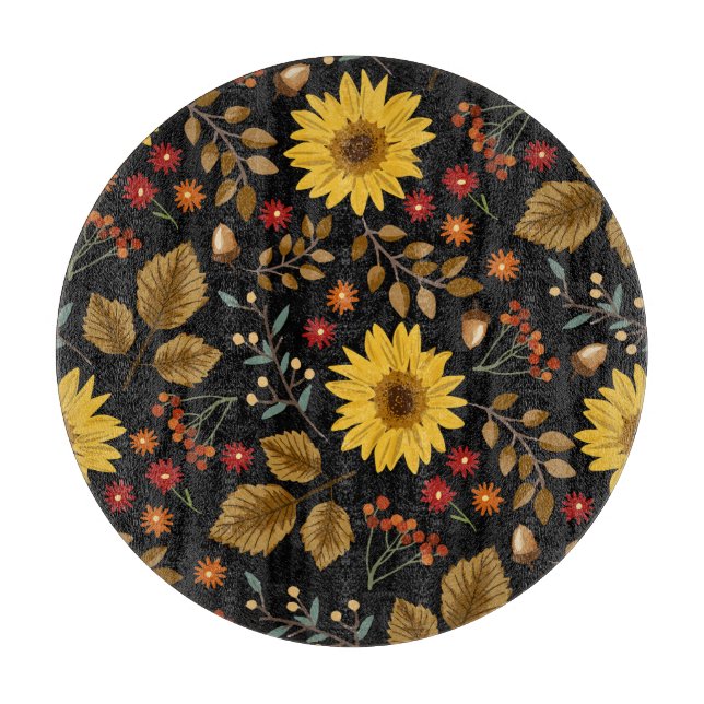 Autumn Sunflowers: Maple Black Background Cutting Board (Front)