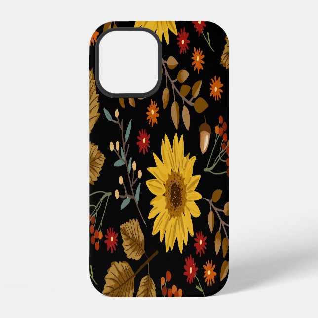 Autumn Sunflowers: Maple Black Background iPhone Case (Back)