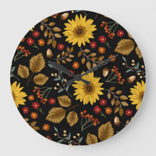 Autumn Sunflowers: Maple Black Background Large Clock