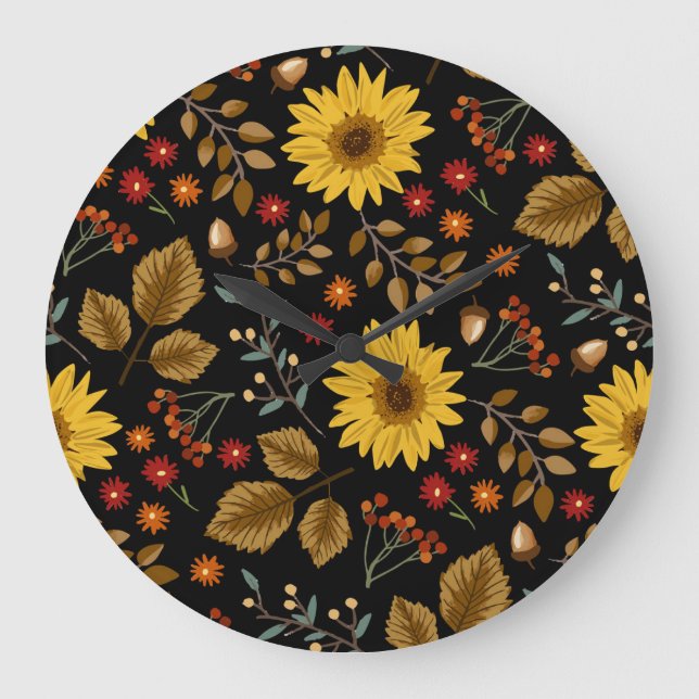 Autumn Sunflowers: Maple Black Background Large Clock (Front)