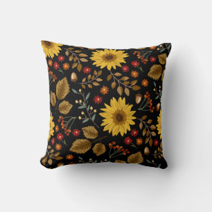 Autumn Sunflowers: Maple Black Background Throw Pillow
