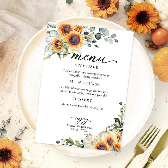 Autumn Sunflowers Pumpkin Bridal Shower Menu Card (Creator Uploaded)