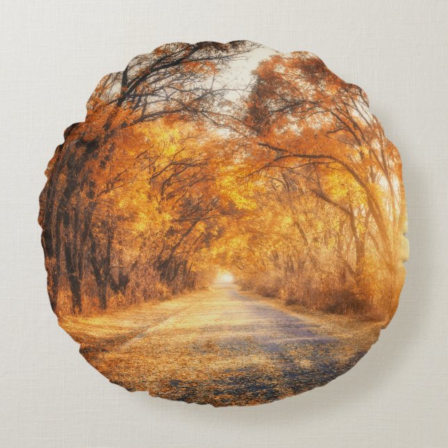 Autumn Sunset: Forest Road Scenery. Round Pillow (Front)