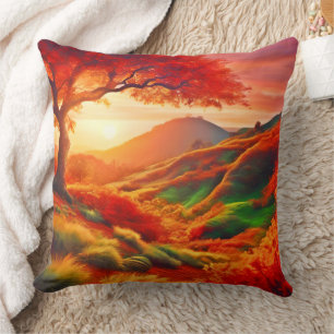 Autumn Sunset Landscape Painting Art Throw Pillow
