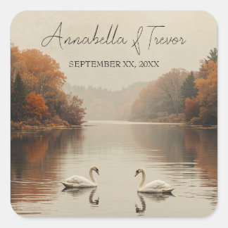 Autumn Swans Romantic Lake in Fall Wedding Square Sticker