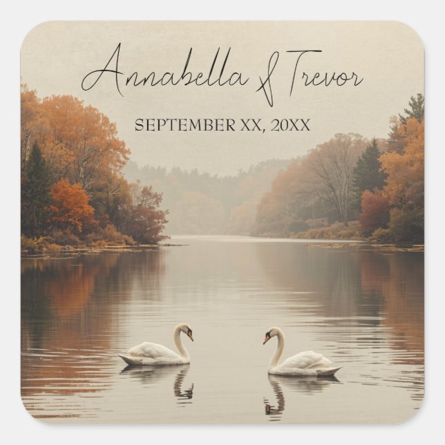 Autumn Swans Romantic Lake in Fall Wedding Square Sticker (Front)
