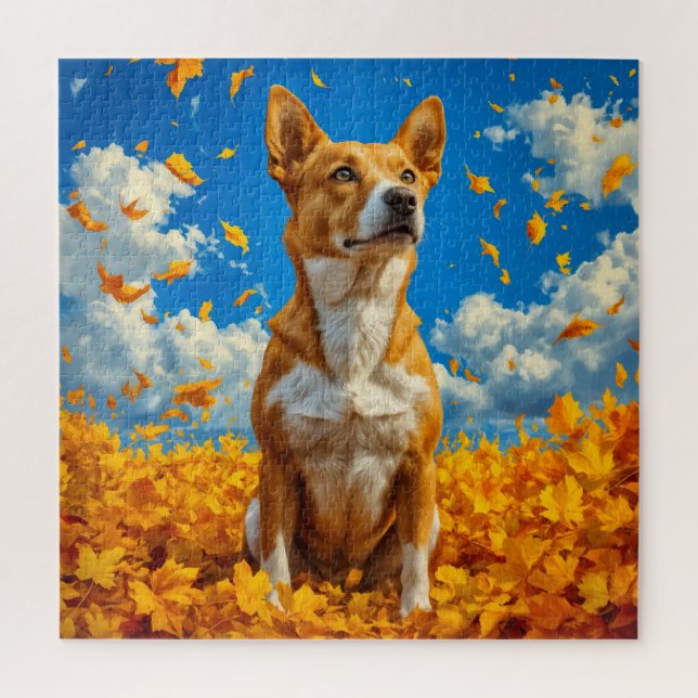 Autumn Symphony: A Dog Amidst Falling Leaves Jigsaw Puzzle (Vertical)