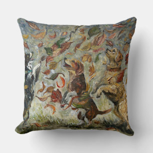 Autumn Tailwag Whimsical Golden Retriever Dogs Oil Throw Pillow
