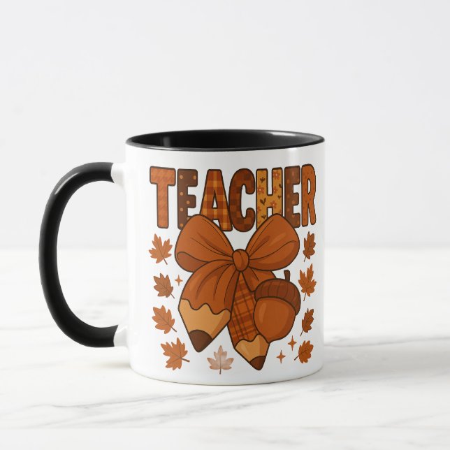 Autumn Teacher Coffee Mug – Fall Plaid Bow, Acorn, (Left)