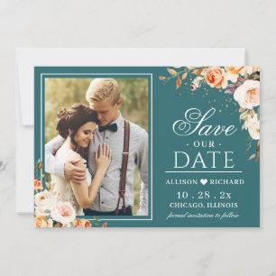 Autumn Teal Gold Orange Floral Photo Wedding Save The Date