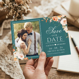 Autumn Teal Gold Orange Floral Photo Wedding Save The Date