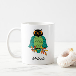Autumn Teal Owl Monogrammed Name Coffee Mug