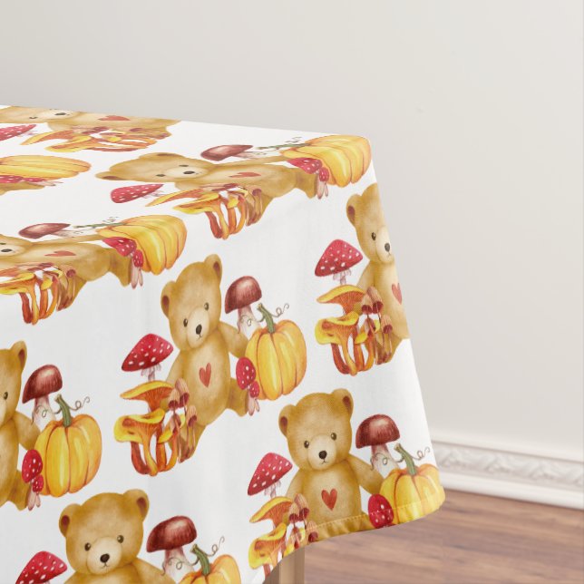 Autumn Teddy Bear and Mushroom Wonderland Tablecloth (In Situ)