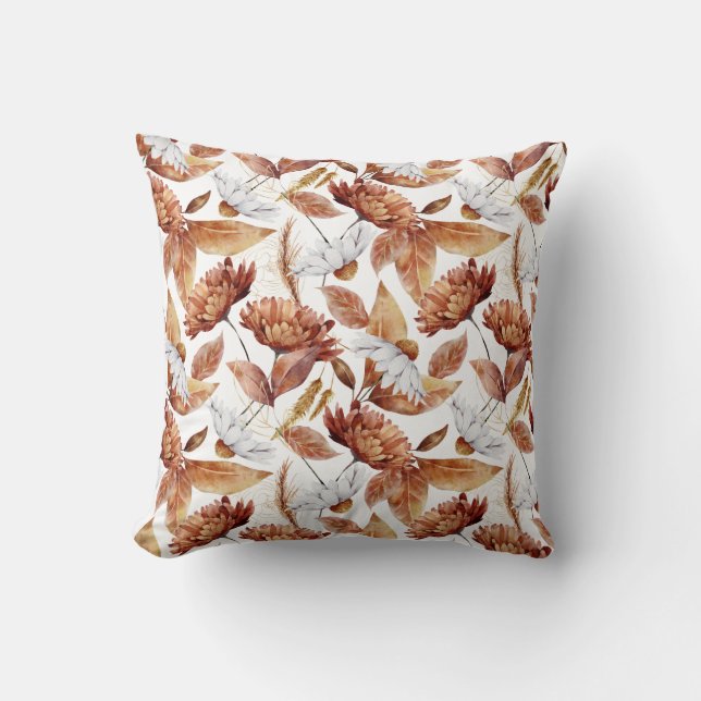 Autumn Terra Cotta Rust Leaves Flowers Pattern Throw Pillow (Front)