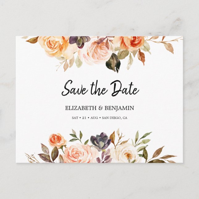 Autumn Terracotta Gold Orange Floral Save The Date Postcard (Front)