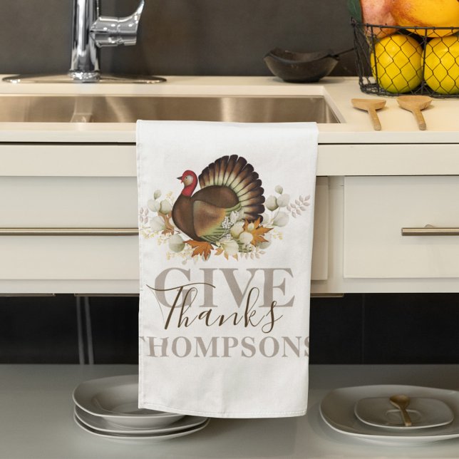 Autumn Thanksgiving Give Thanks Personalized Kitchen Towel (Give thanks holiday turkey personalized kitchen towel)