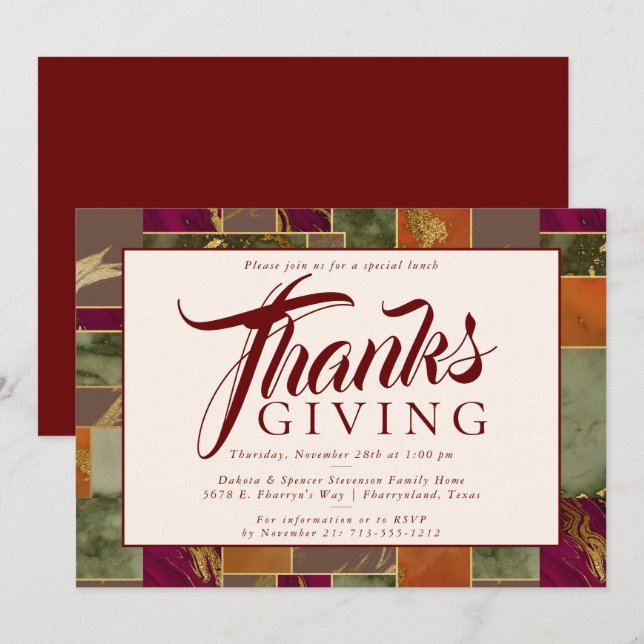 Autumn Thanksgiving Gold Burgundy Marble Dinner Invitation (Front/Back)