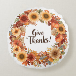Autumn Thanksgiving Pumpkin and flowers Round Pil Pillow