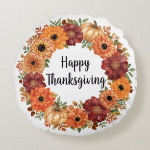 Autumn Thanksgiving Pumpkin and flowers Round Pillow