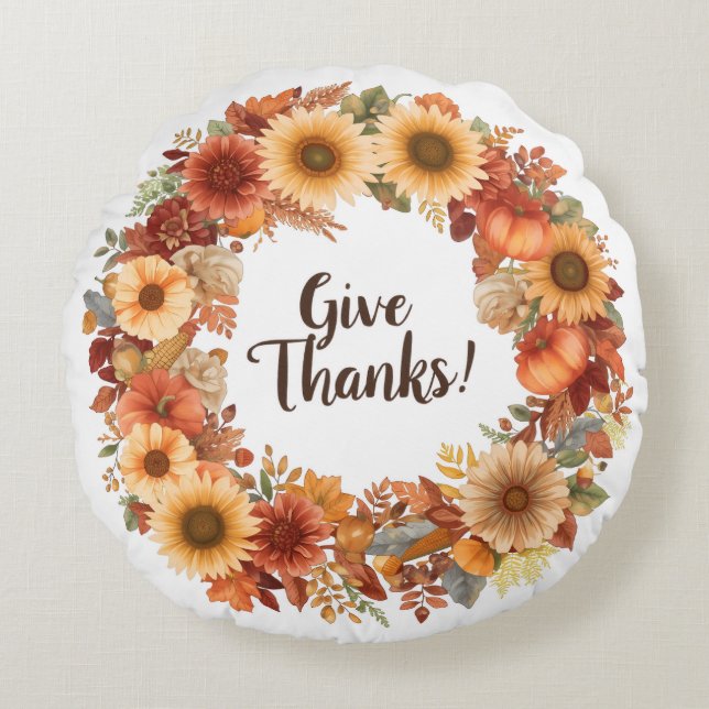 Autumn Thanksgiving Pumpkin and flowers  Round Pillow (Front)