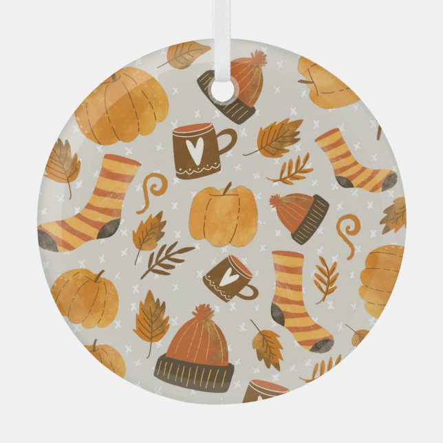 Autumn Theme Seamless Tile Pattern Glass Ornament (Front)
