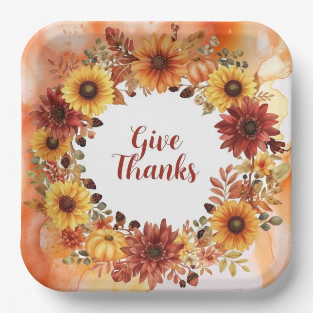 Autumn themed thanksgiving with flowers  pumpkins paper plate (Front)