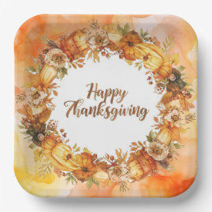 Autumn themed thanksgiving with flowers pumpkins paper plate