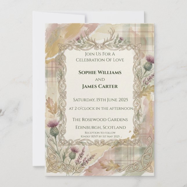 Autumn Thistle Tartan Wedding Invitation (Front)