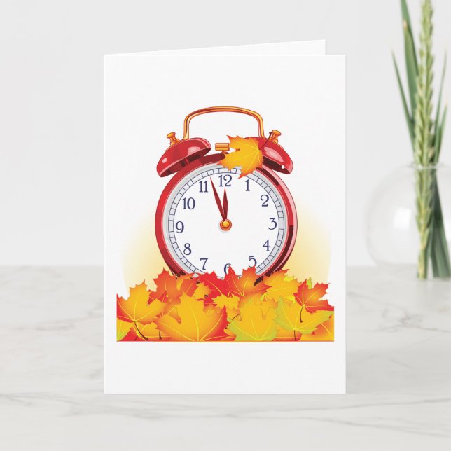 Autumn Time Change Fall Leaves And Retro Clock  Card (Front)