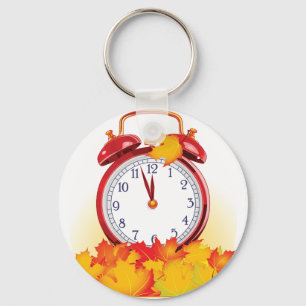 Autumn Time Change Fall Leaves And Retro Clock  Keychain
