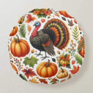 Autumn Tom Turkey Pumpkin Pattern  Round Pillow