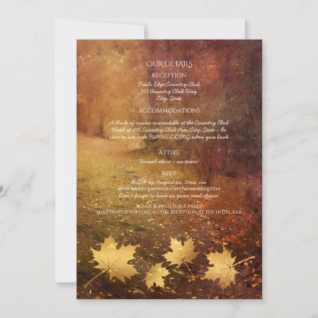 autumn trail falling maple leaves wedding details  (Front)