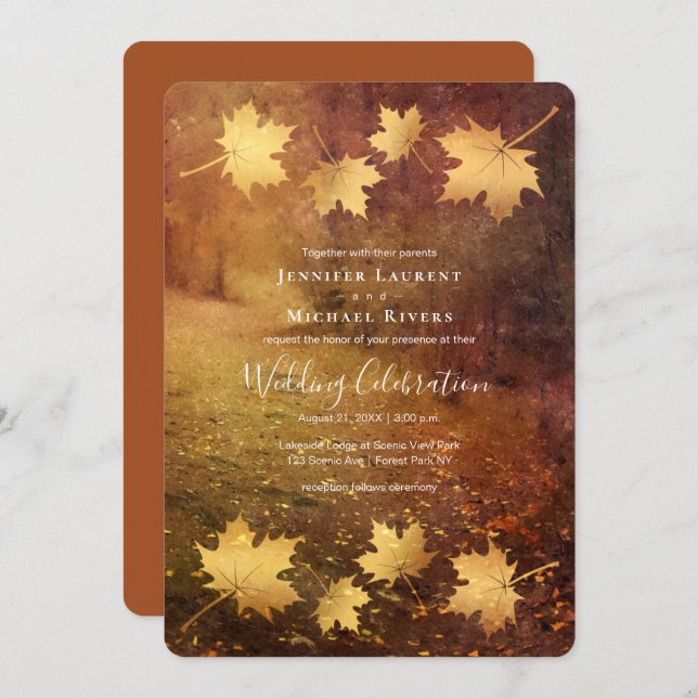 autumn trail maple leaves rustic wedding invitation (Front/Back)