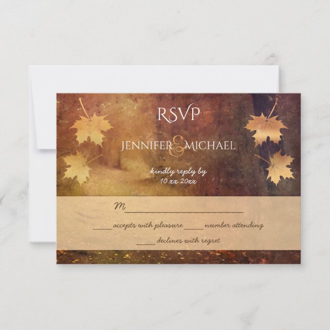 autumn trail maple leaves rustic wedding rsvp card (Front)