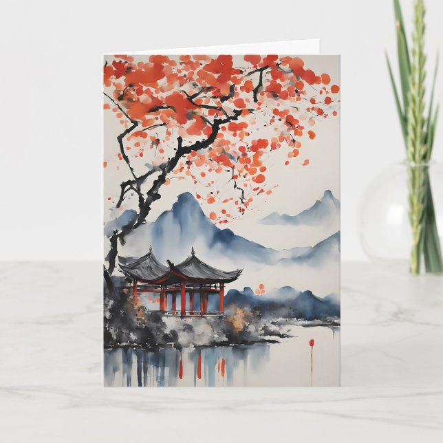 Autumn Tree and Temple Birthday Card (Front)