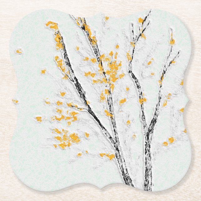 Autumn Tree Branches with Yellow Fall Leaves Paper Coaster (Front)