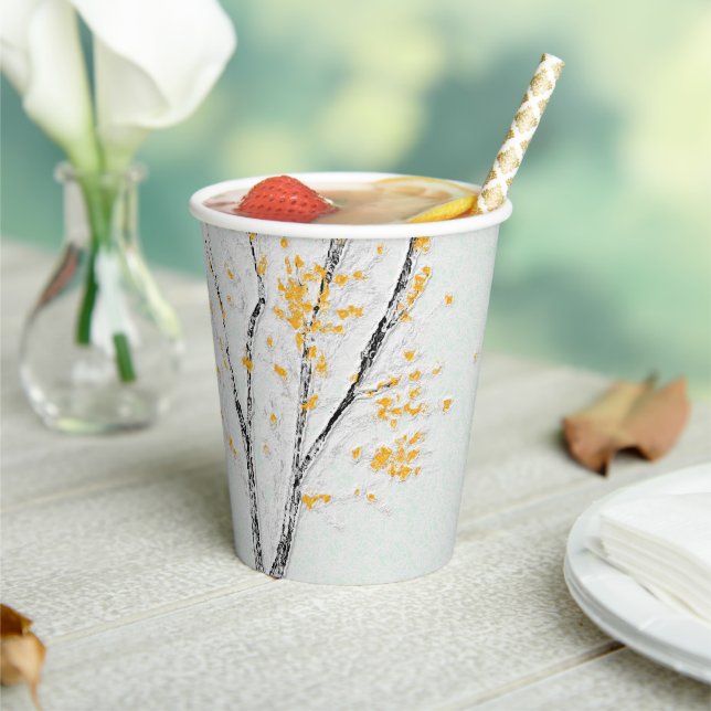 Autumn Tree Branches with Yellow Fall Leaves Paper Cups (Insitu)