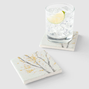 Autumn Tree Branches with Yellow Fall Leaves Stone Coaster