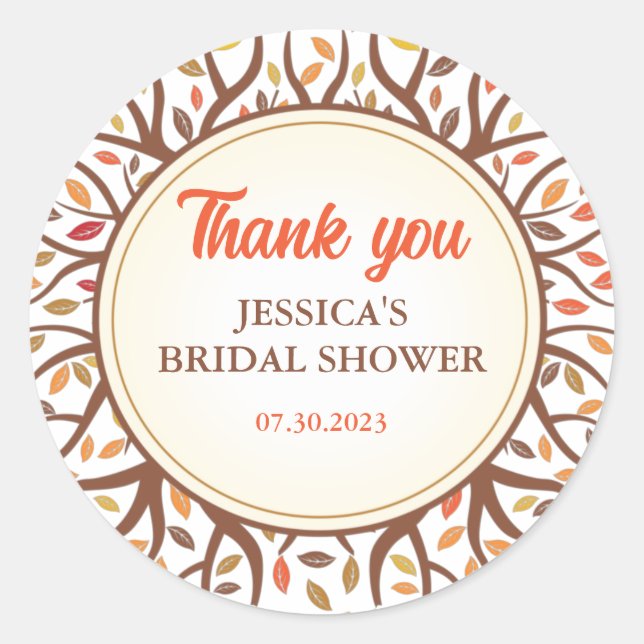 Autumn Tree Falling Leaves Fall Bridal Shower Classic Round Sticker (Front)