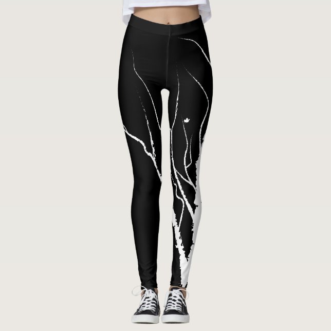 Autumn Tree Leggings White on Black (Front)