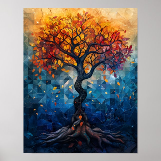 Autumn Tree Mosaic Geometric Glow Art Poster (Front)